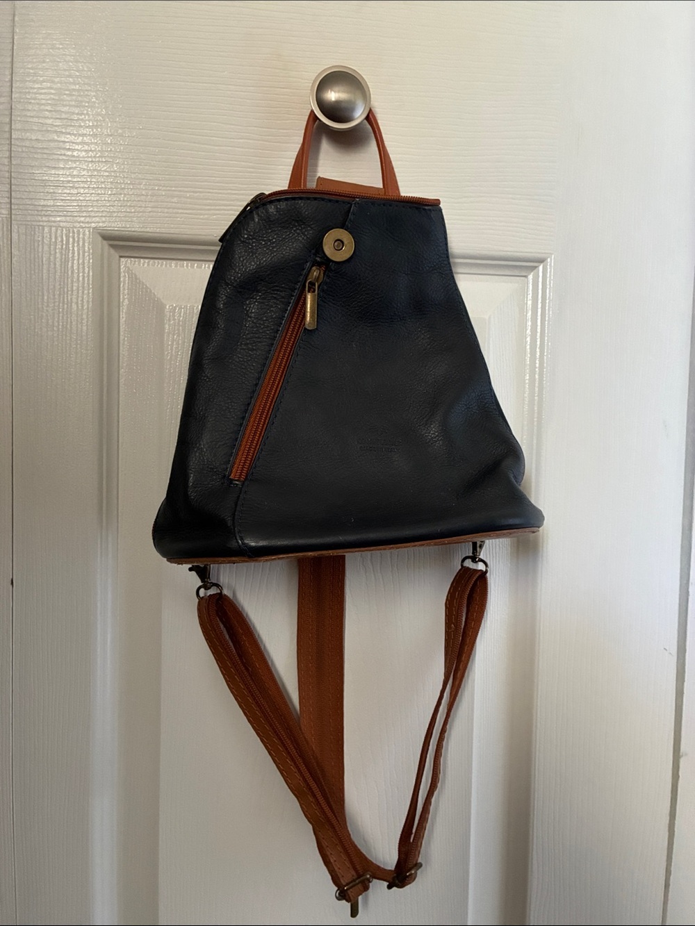 Stylish Navy & Brown Leather Backpack Purse- Vera Pelle